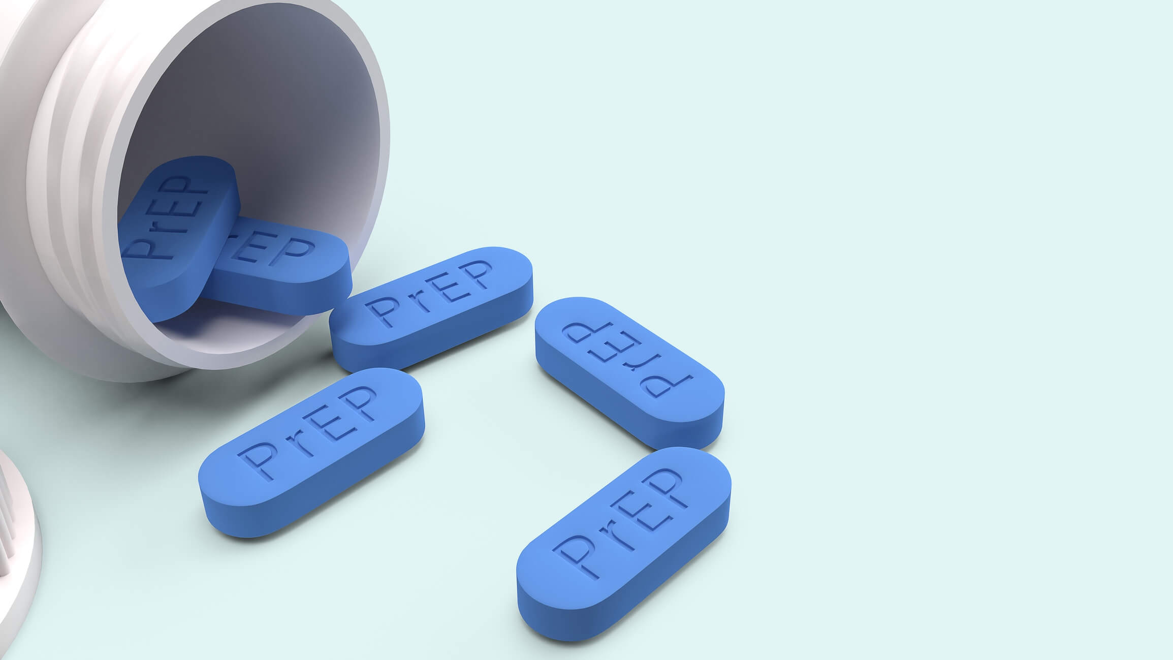 A close-up of blue pills labeled "PrEP" spilling out of a white bottle onto a light blue surface. The minimalist and clean design emphasizes the medication, commonly used for HIV prevention, and conveys a focus on health and wellness.