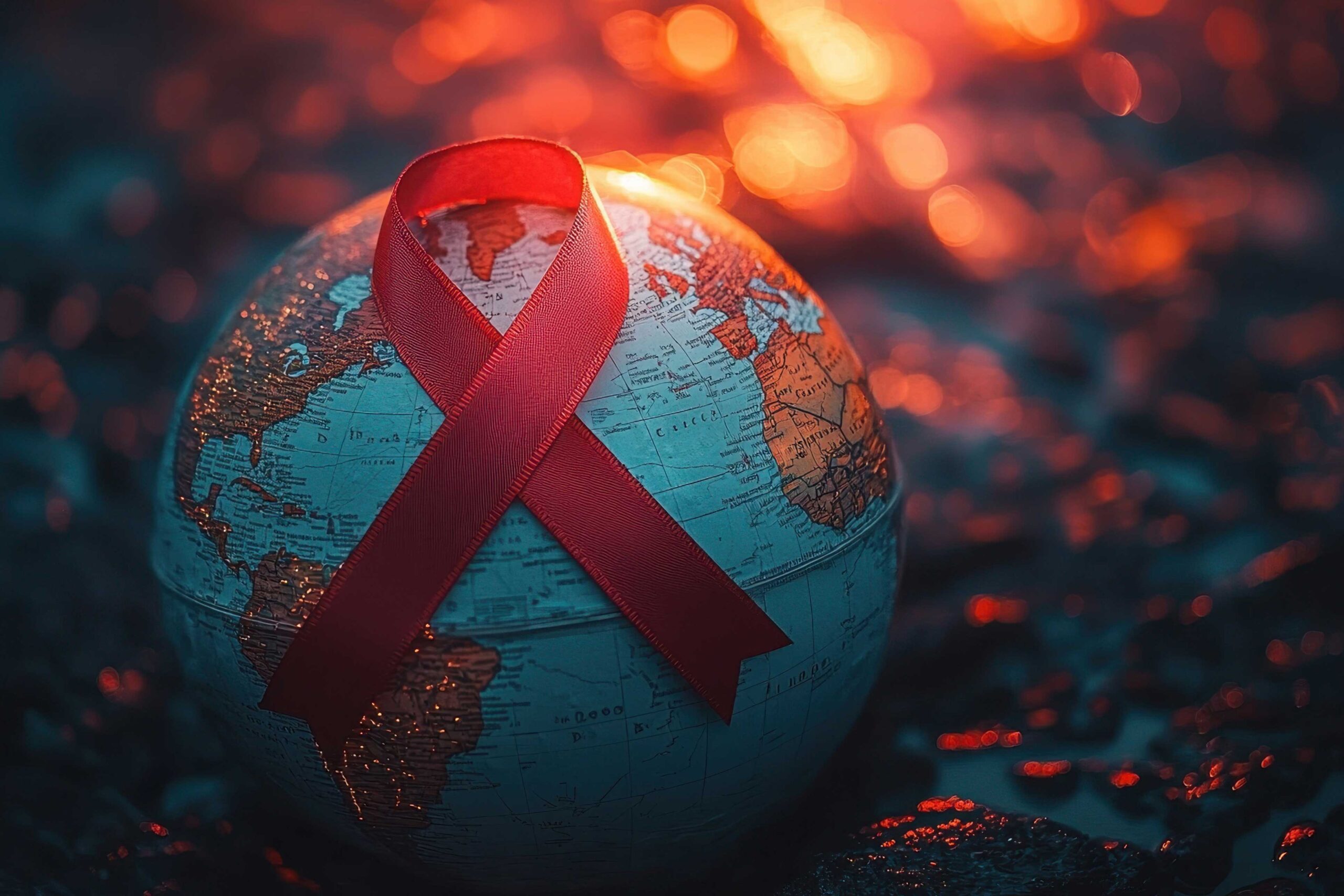 A red ribbon, the symbol of AIDS awareness, wrapped around a globe with a blurred sunset in the background. This image represents the global impact of HIV/AIDS and the need for continued awareness and support.