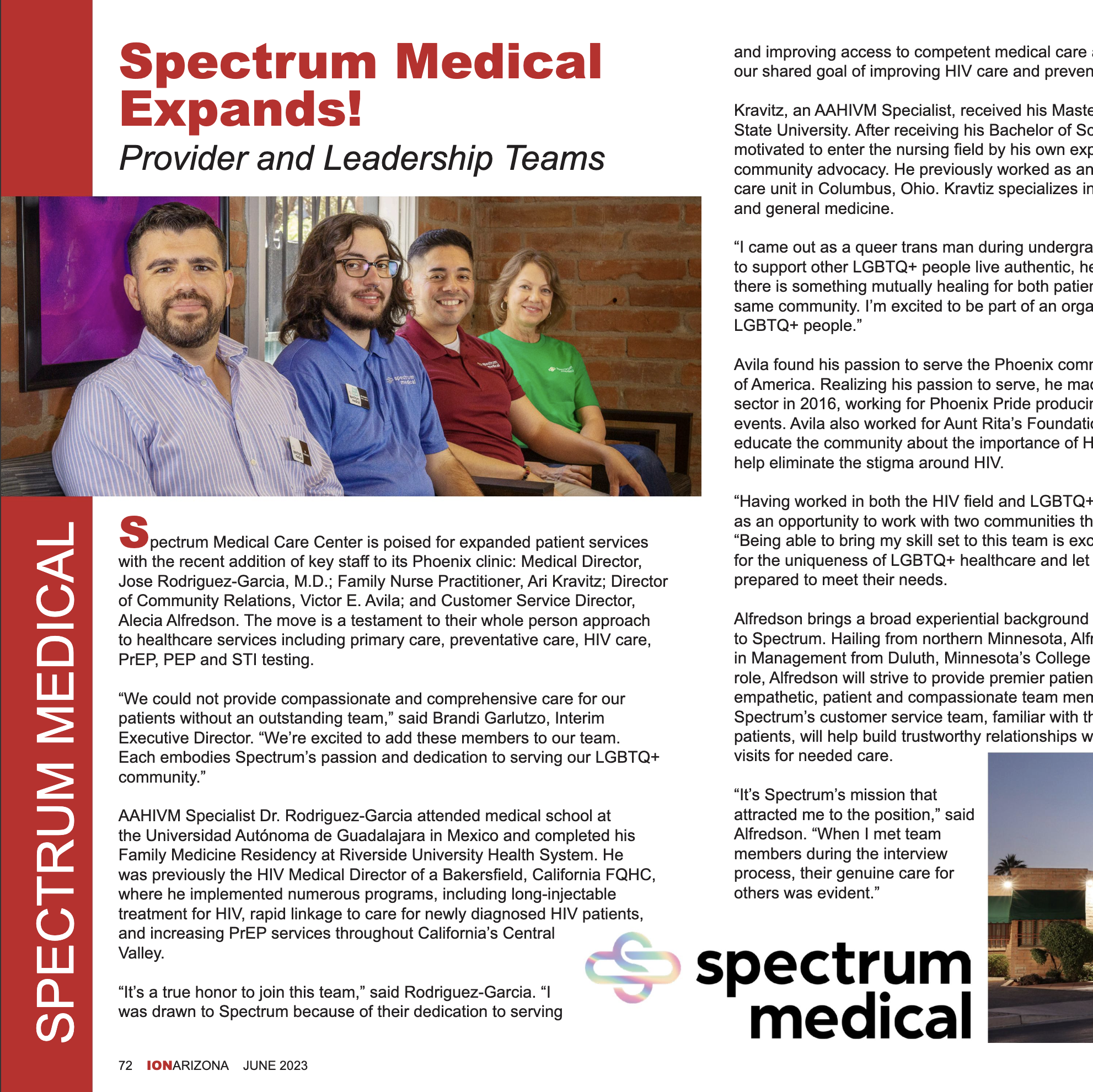 A promotional flyer titled "Spectrum Medical Expands! Provider and Leadership Teams," featuring a photo of four medical professionals seated in a clinic setting. The text highlights new staff additions and Spectrum Medical's commitment to serving the LGBTQIA2S+ community with comprehensive healthcare services.
