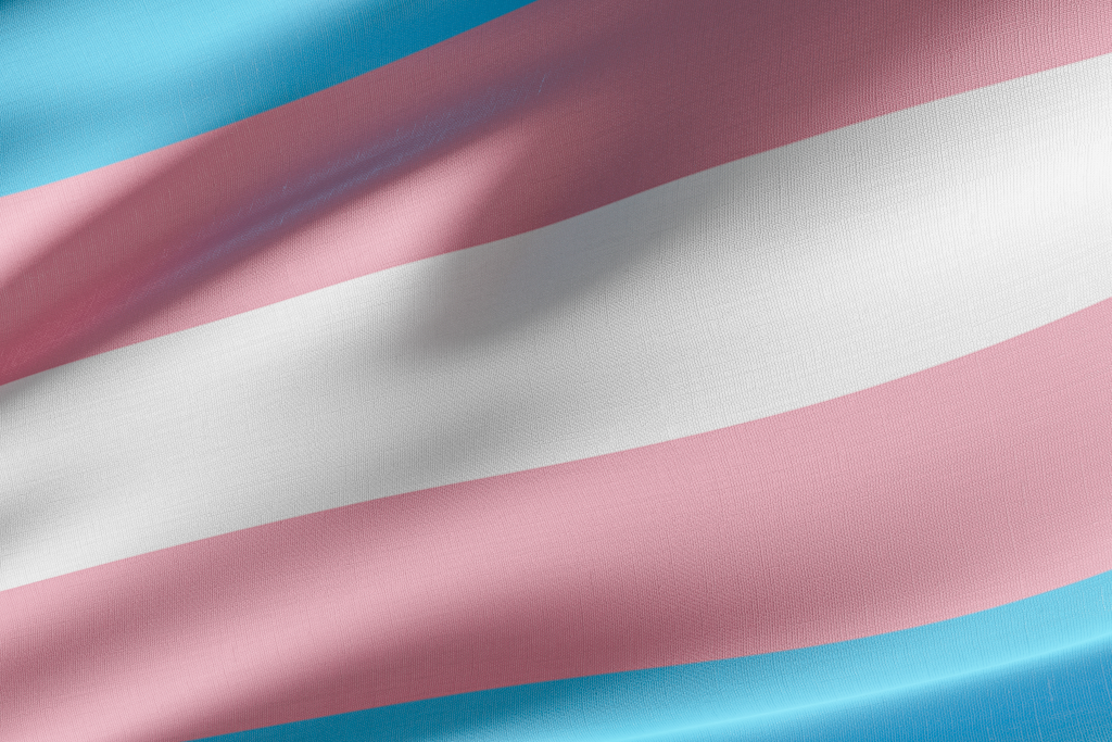 A close-up of the transgender pride flag with horizontal stripes of light blue, pink, and white. This flag represents the transgender community and their pride.