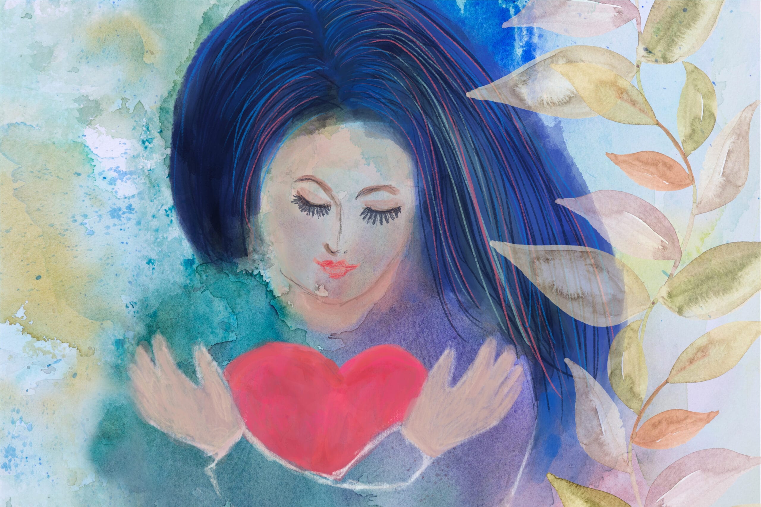 A dreamy watercolor painting of a serene woman with long flowing blue hair, eyes closed in peace, cradling a glowing pink heart. The background features soft hues of blue and green with abstract textures, complemented by delicate painted leaves on the right side. The artwork conveys themes of love, tranquility, and self-care.