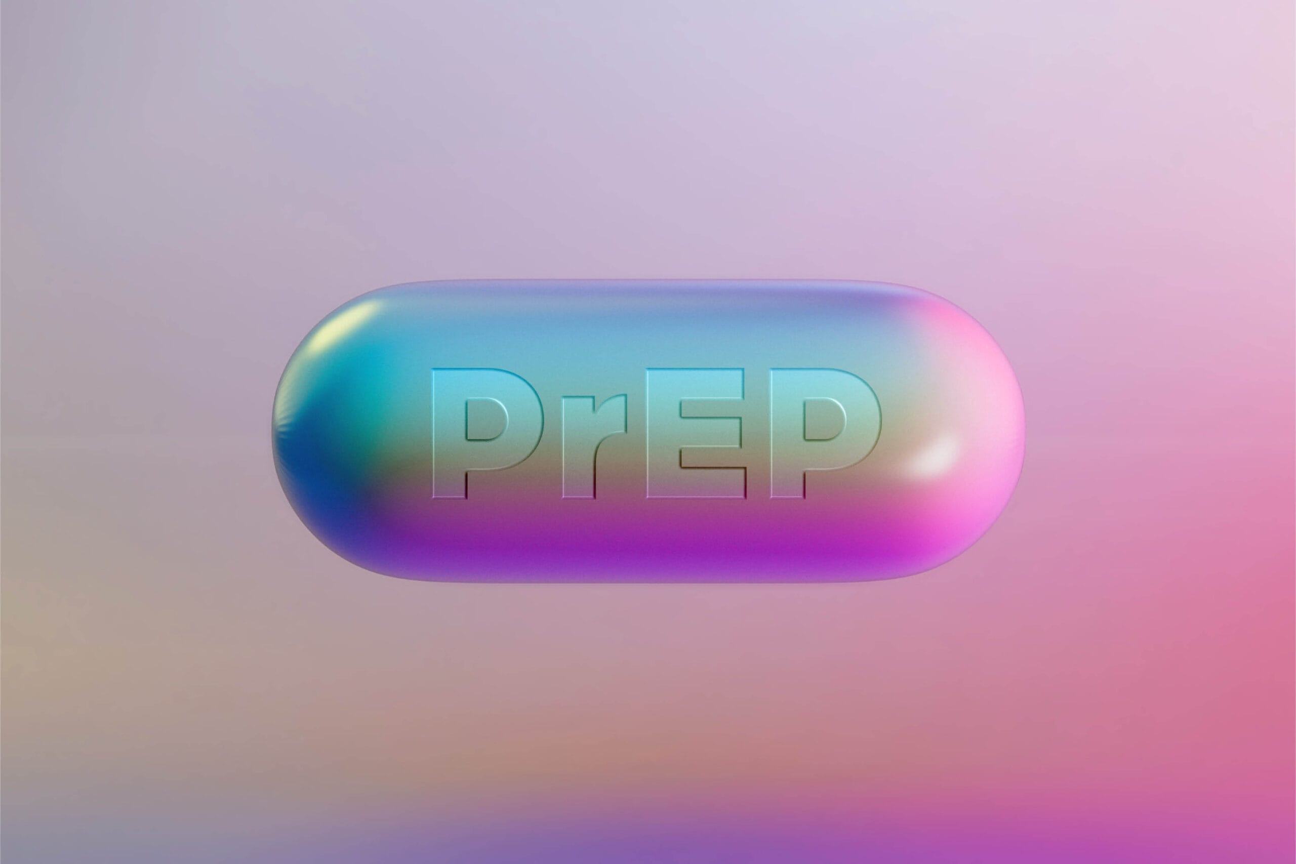 A pill with the word "PREP" embossed on it in a metallic, iridescent color. This image is likely used to promote or educate about PrEP (Pre-Exposure Prophylaxis), a medication that helps prevent HIV.