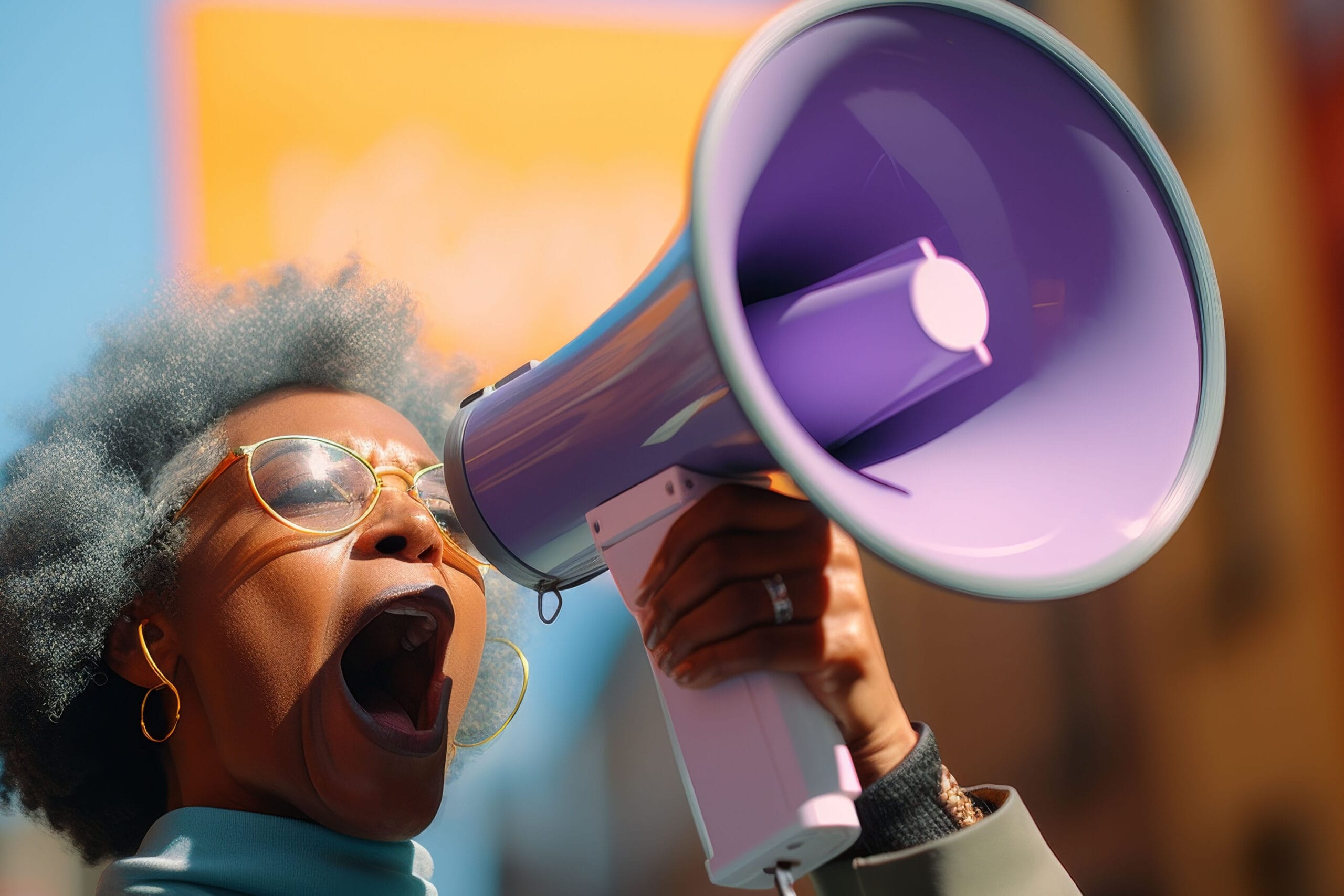 A dynamic image of a person with gray curly hair, wearing bright glasses and hoop earrings, passionately speaking into a purple megaphone. The vibrant background features a sunny blue sky and an orange sign, adding energy to the scene. The image captures a moment of advocacy, empowerment, and vocal expression.