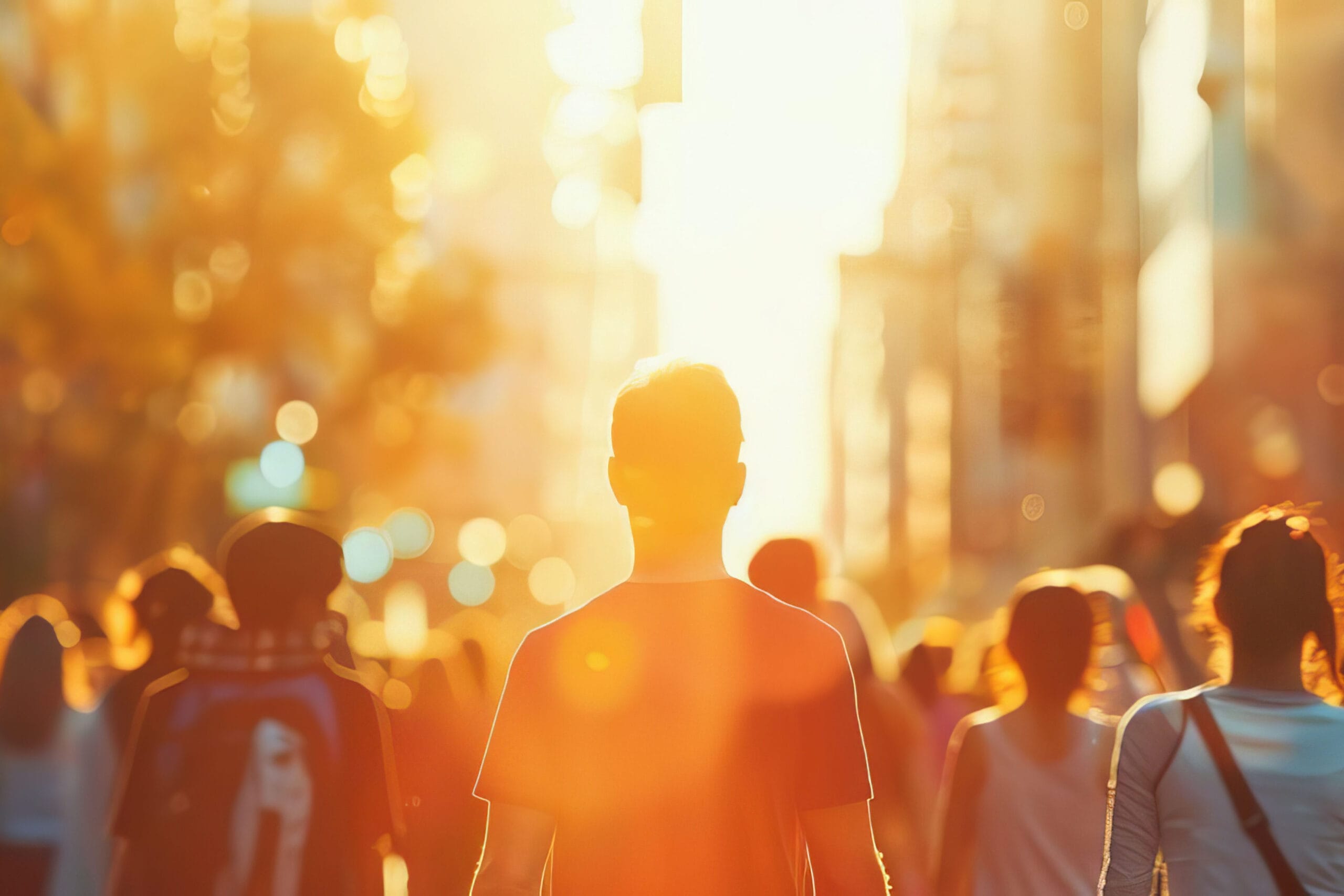 A vibrant city scene bathed in golden sunlight, with the silhouette of a person in the foreground walking among a blurred crowd. The warm glow creates a dreamy, ethereal atmosphere, highlighting the energy and motion of urban life at sunset. The image captures a sense of individuality amidst the hustle of the city.