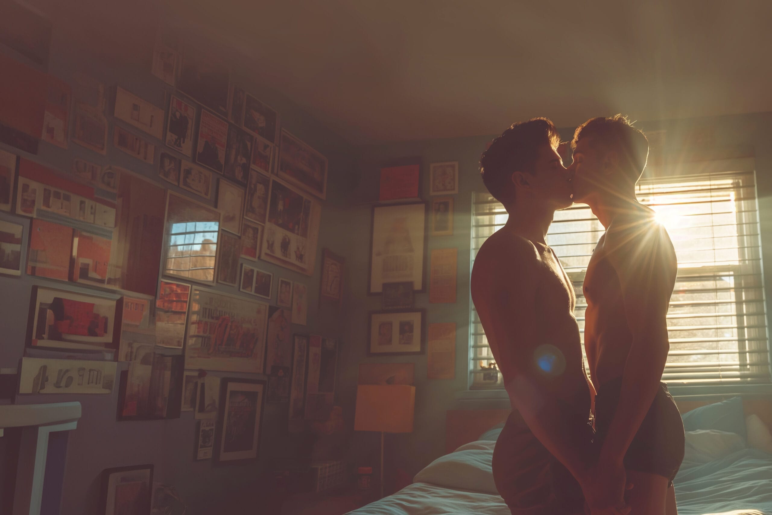 A warm, intimate scene of two men standing close and kissing in a softly lit bedroom, with sunlight streaming through the window behind them. The room is decorated with a gallery wall of art and photographs, adding a personal and cozy touch. The golden light creates a romantic and serene atmosphere.