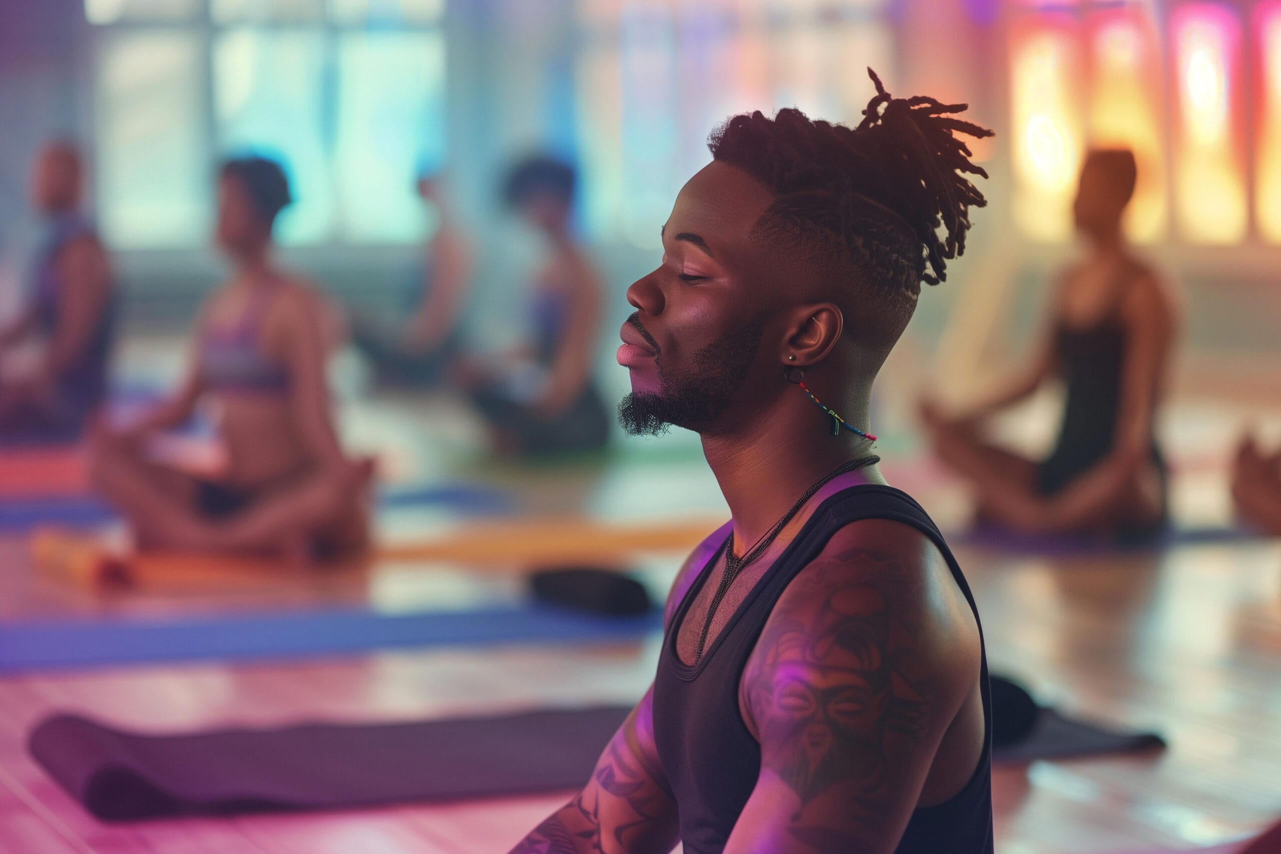 A serene scene of a man with dreadlocks and a tattooed arm sitting in meditation during a yoga class. The room is softly lit with colorful ambient light, and others in the background are also seated on yoga mats in peaceful poses. The atmosphere is tranquil, emphasizing mindfulness and inner calm.