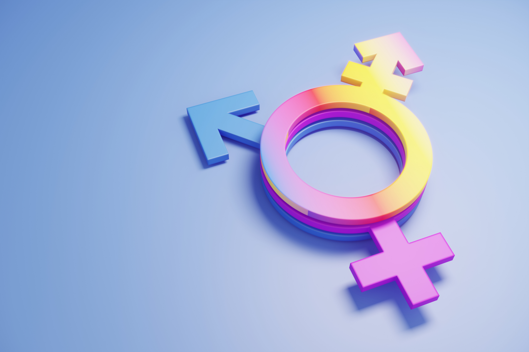 A transgender symbol with overlapping male and female symbols in a gradient of colors, representing the transgender community and gender identity.