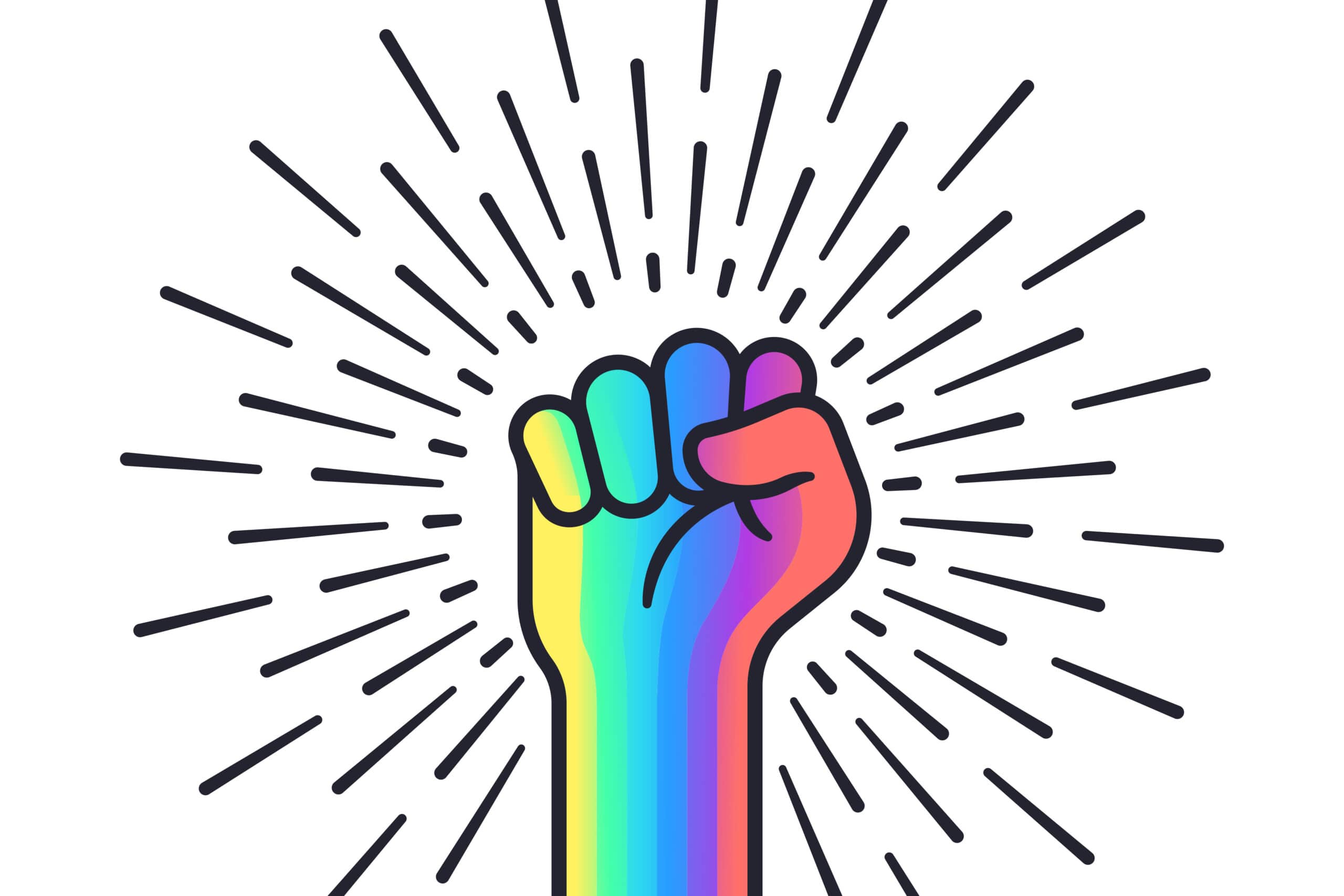 A fist raised in the air, with a rainbow pattern on it. This image is a symbol of LGBTQIA2S+ pride and solidarity.