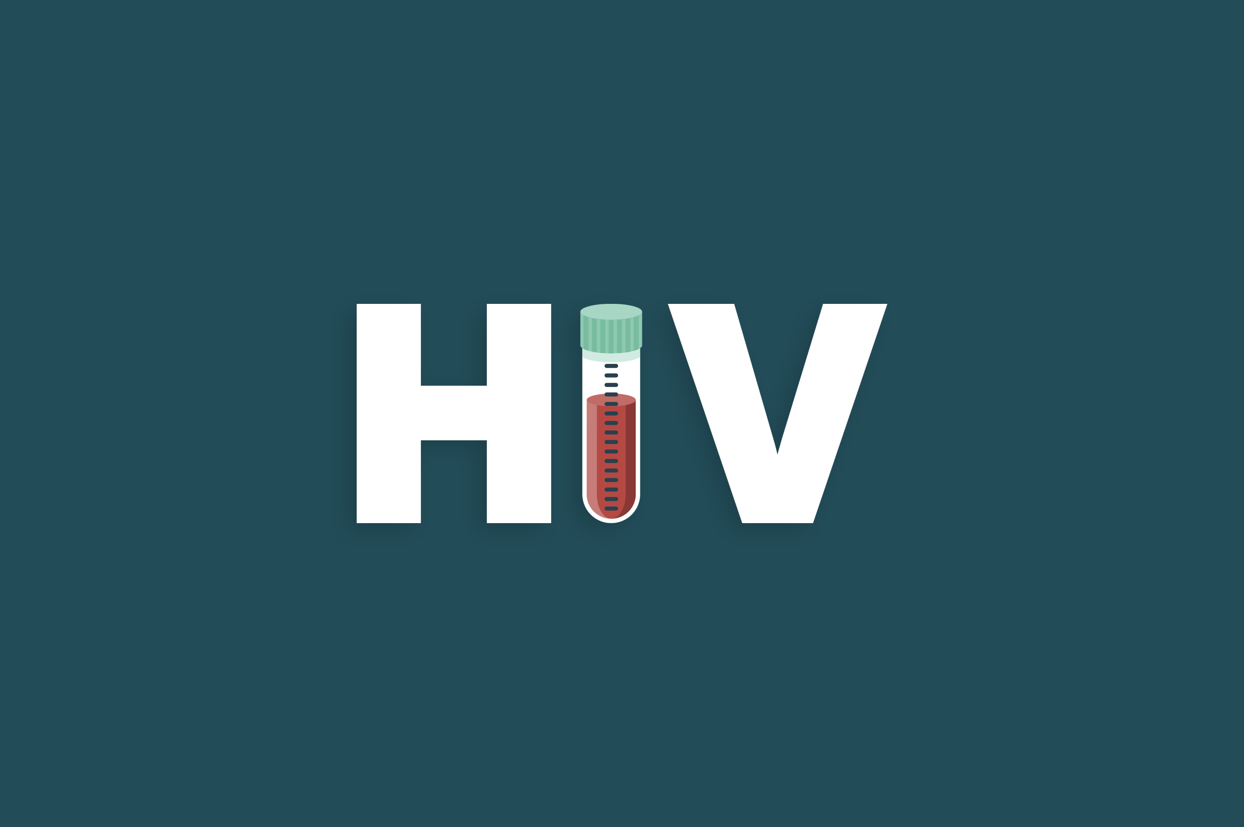 A white text graphic of the letters "HIV" with a test tube containing red liquid in the middle of the "I". The background is dark blue.