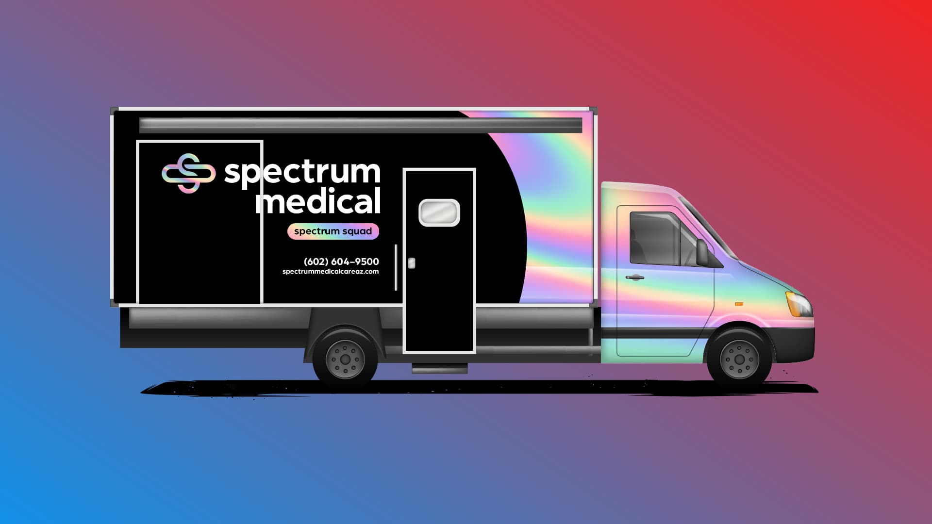 A sleek black van featuring the "Spectrum Medical" logo with a rainbow-gradient effect and the label "U.B.U. crew" is showcased against a gradient background of blue and red hues. The van design incorporates a modern and inclusive aesthetic, emphasizing vibrant, colorful branding. Its polished and eye-catching look reflects a sense of professionalism and creativity.