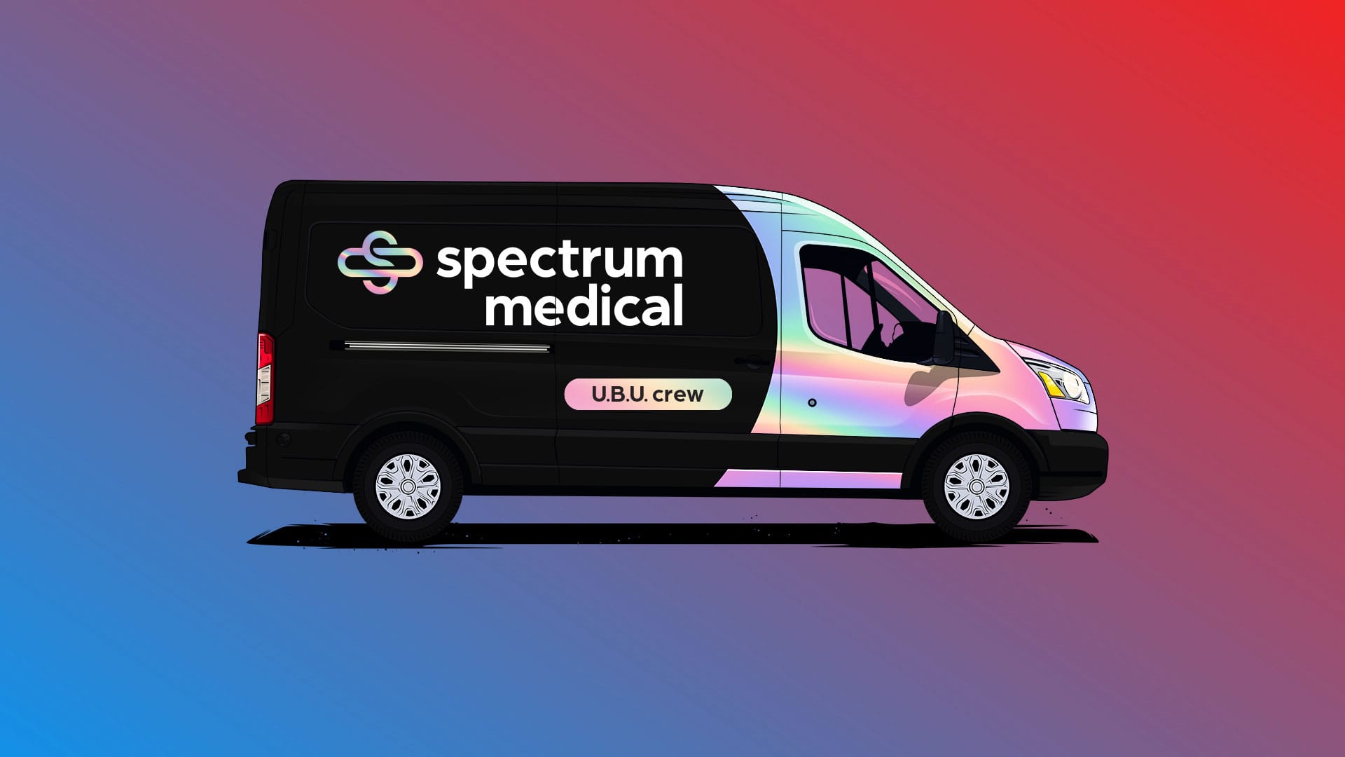 A sleek black van featuring the "Spectrum Medical" logo with a rainbow-gradient effect and the label "U.B.U. crew" is showcased against a gradient background of blue and red hues. The van design incorporates a modern and inclusive aesthetic, emphasizing vibrant, colorful branding. Its polished and eye-catching look reflects a sense of professionalism and creativity.