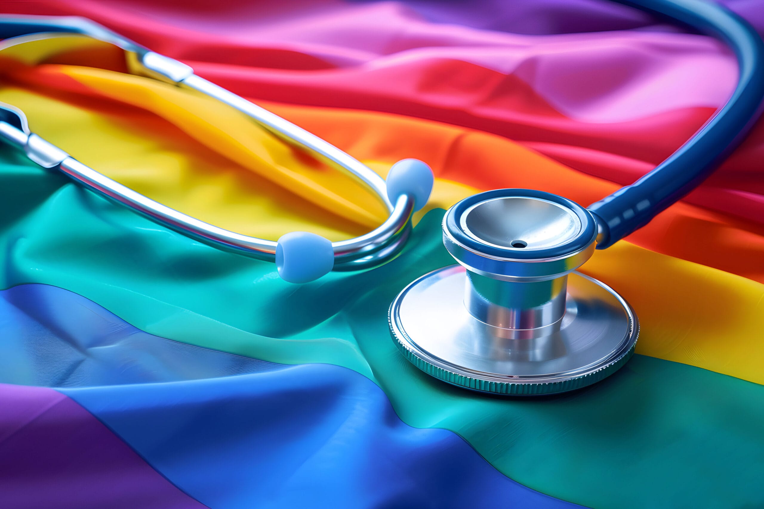 A stethoscope with a blue earpiece resting on a rainbow-colored flag. This image represents LGBTQIA2S+ healthcare or support for LGBTQIA2S+ individuals in the medical field.