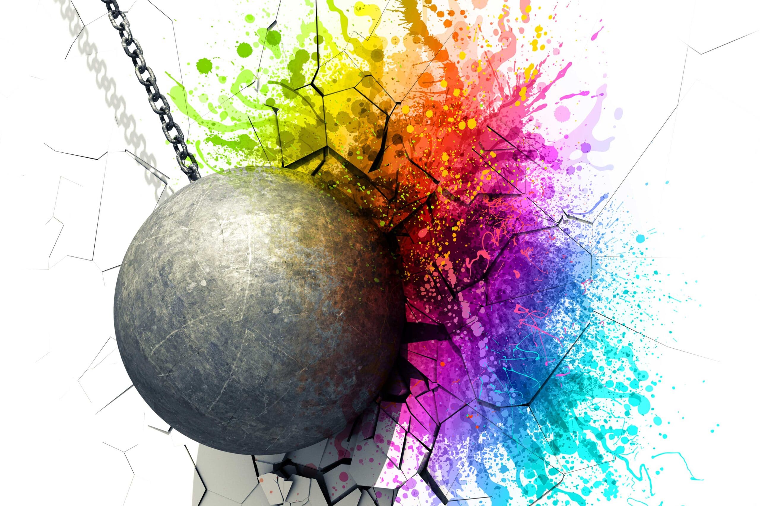 A powerful wrecking ball breaking through a wall, creating a dynamic explosion of vibrant colors. This image could symbolize overcoming obstacles, breaking boundaries, or embracing creativity.