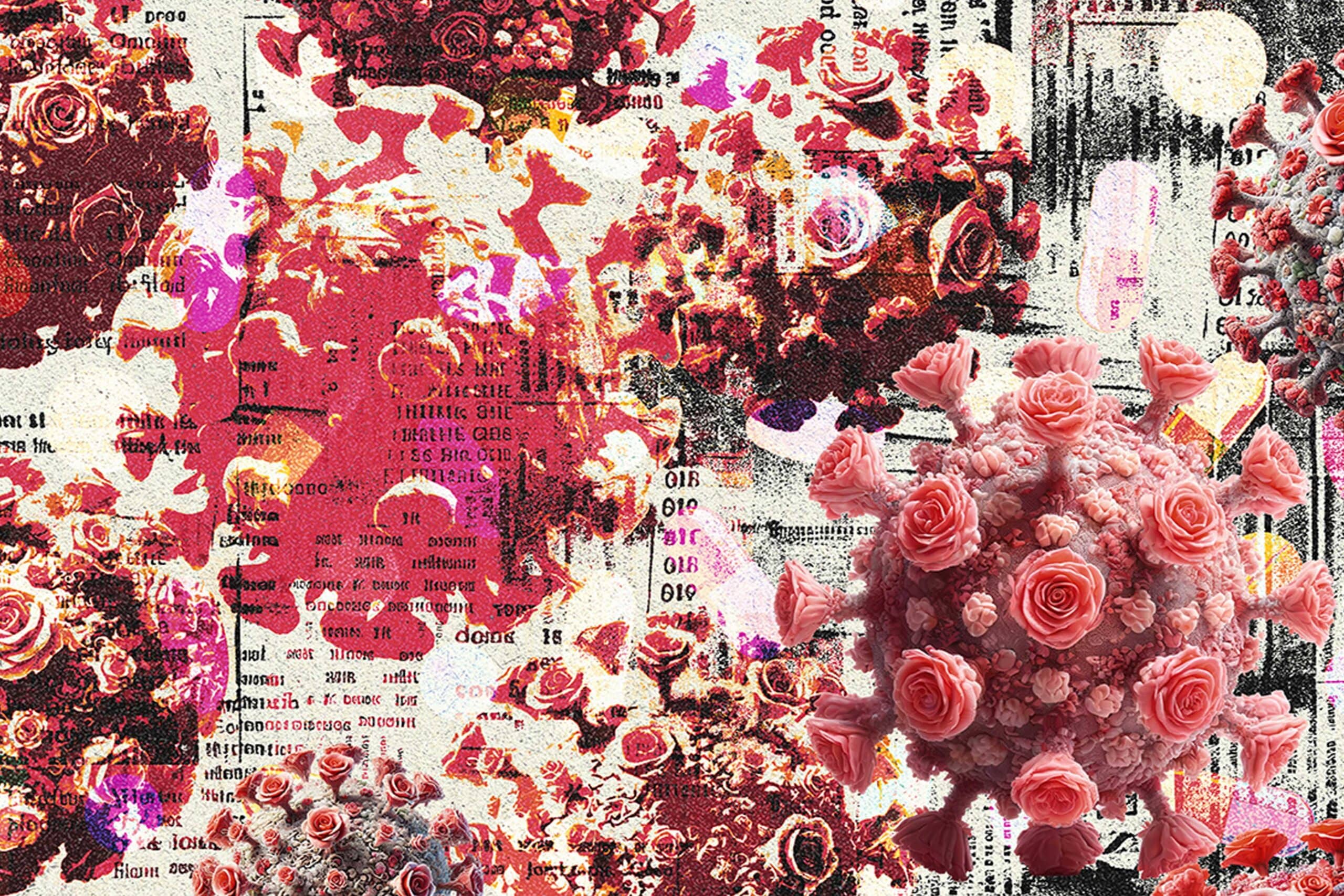 A surreal artwork blending floral and virological themes, featuring pink roses embedded on spherical structures resembling viruses. The background is a collage of abstract patterns, text fragments, and vivid splashes of red, pink, and black, creating a dynamic and thought-provoking composition that contrasts beauty with the concept of illness.