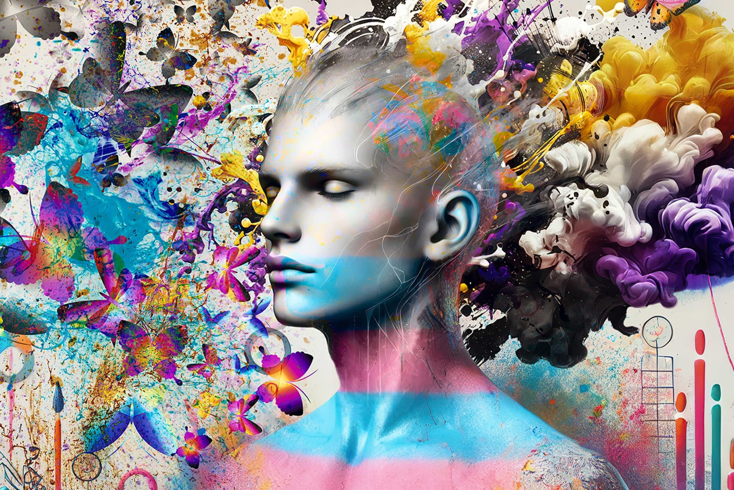 A surreal and vibrant digital artwork depicting a human figure with a serene expression, surrounded by a chaotic explosion of colors, butterflies, and abstract shapes. The figure is painted with soft blue and pink hues, evoking themes of identity and transformation, while the background features swirling clouds of purple, yellow, and black, blending creativity and emotion.