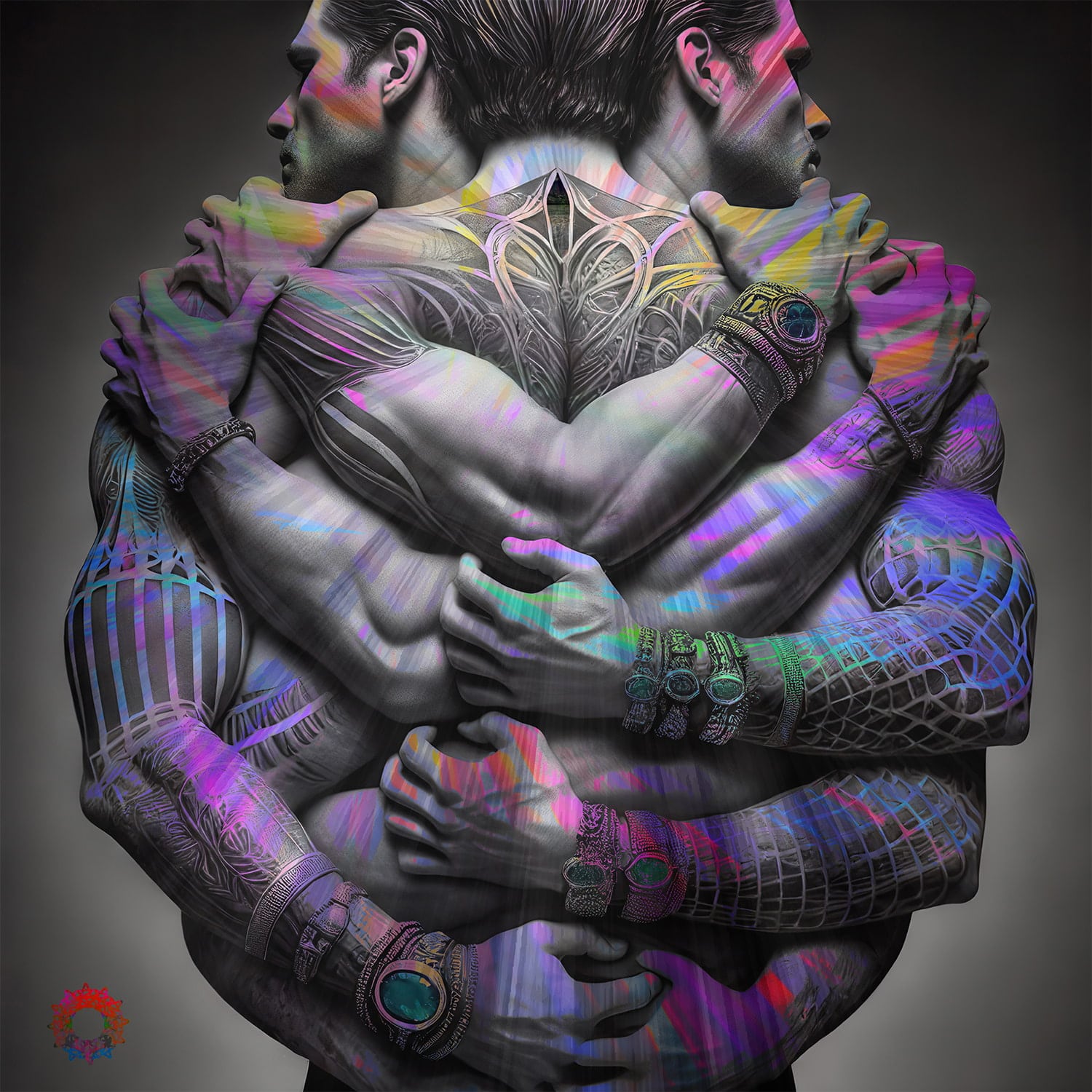 An artistic depiction of interconnected male figures embracing, their bodies adorned with intricate geometric tattoos and vibrant, iridescent patterns. The grayscale figures contrast with the colorful accents, creating a fusion of strength and tenderness. The overlapping arms and hands symbolize unity, support, and interconnectedness.