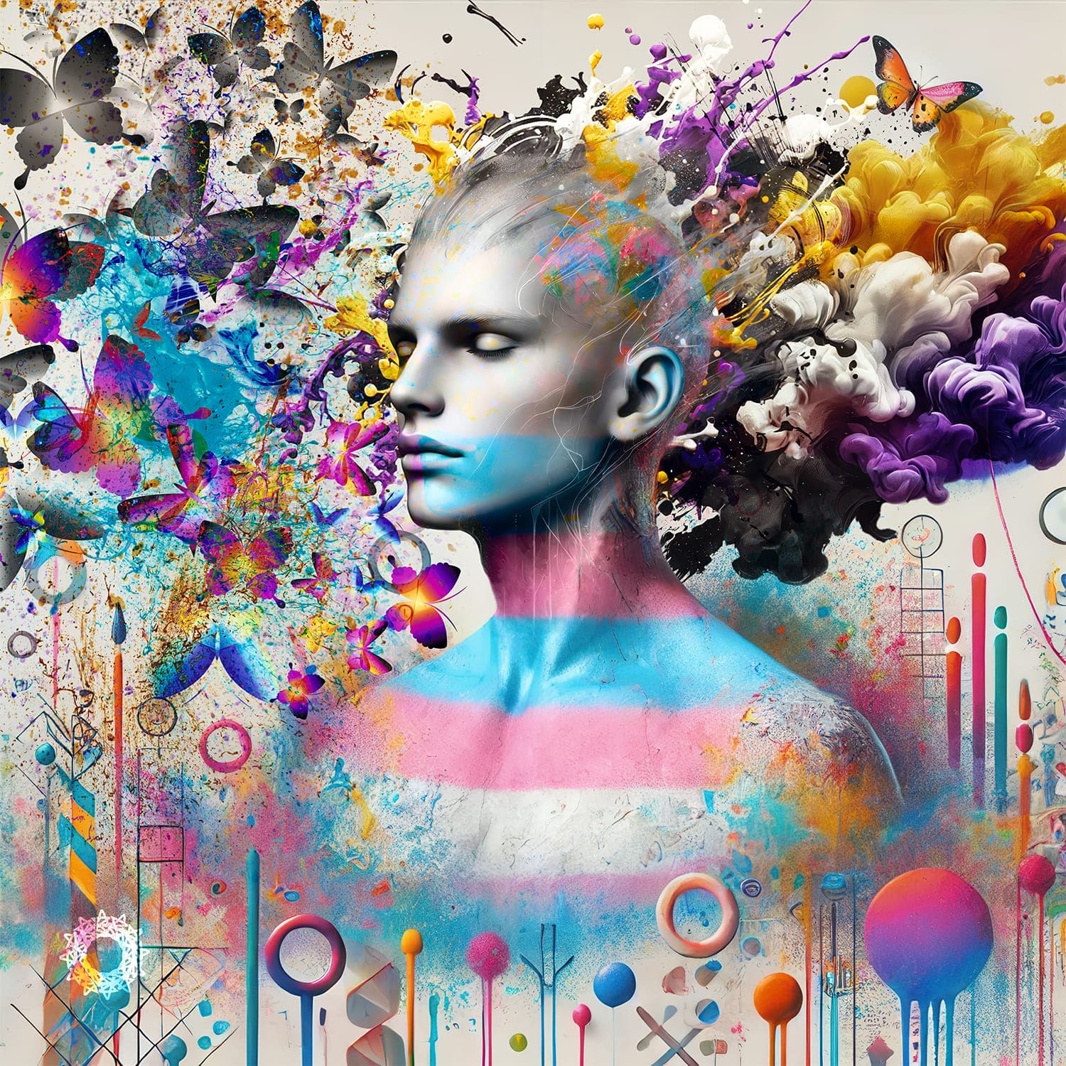 A surreal and vibrant digital artwork depicting a human figure with a serene expression, surrounded by a chaotic explosion of colors, butterflies, and abstract shapes. The figure is painted with soft blue and pink hues, evoking themes of identity and transformation, while the background features swirling clouds of purple, yellow, and black, blending creativity and emotion.