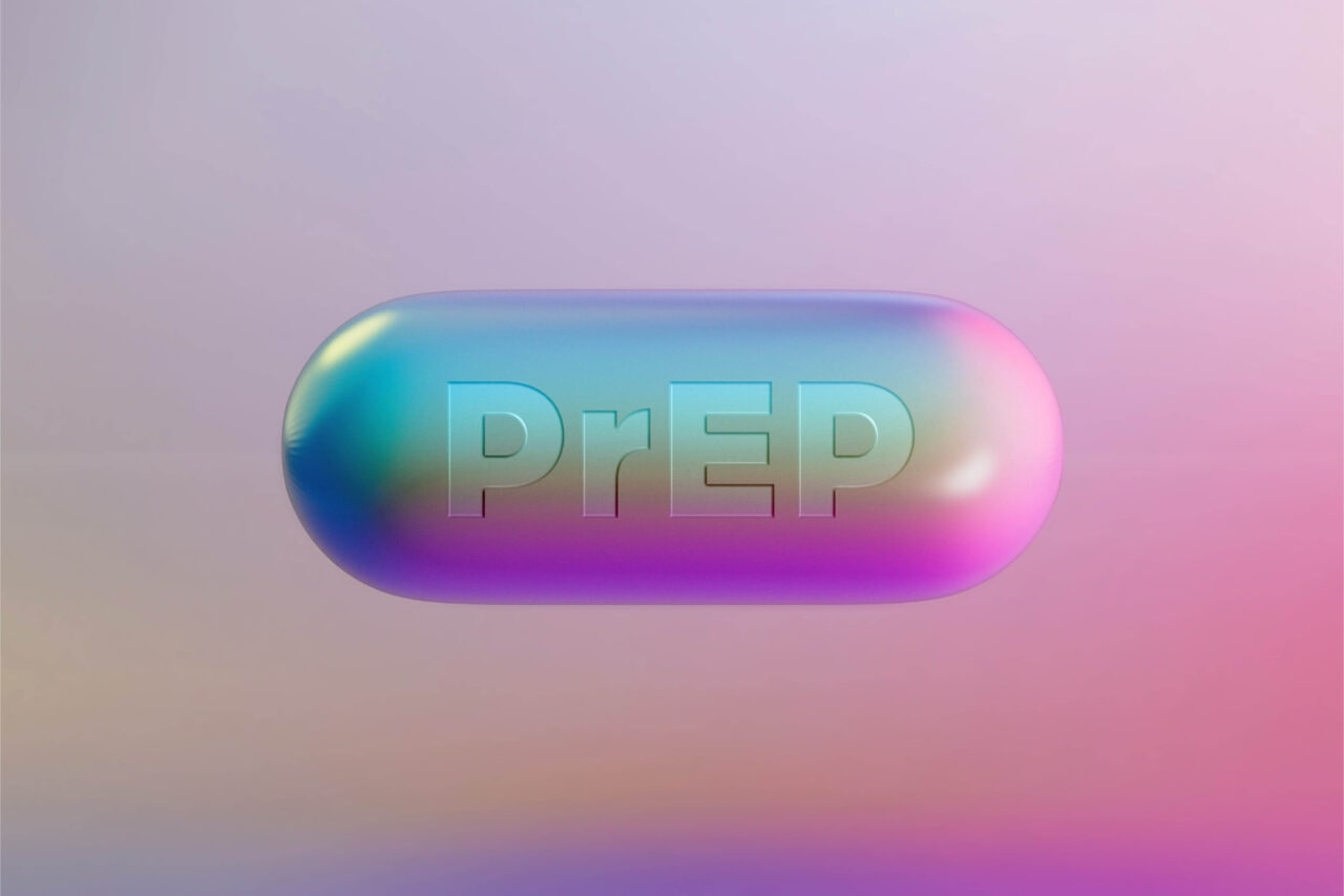 A digital illustration of a pill with a gradient design in soft blue, pink, and purple hues, featuring the word "PrEP" embossed on its surface. The pill floats against a pastel gradient background, symbolizing a modern and approachable representation of medication for HIV prevention.