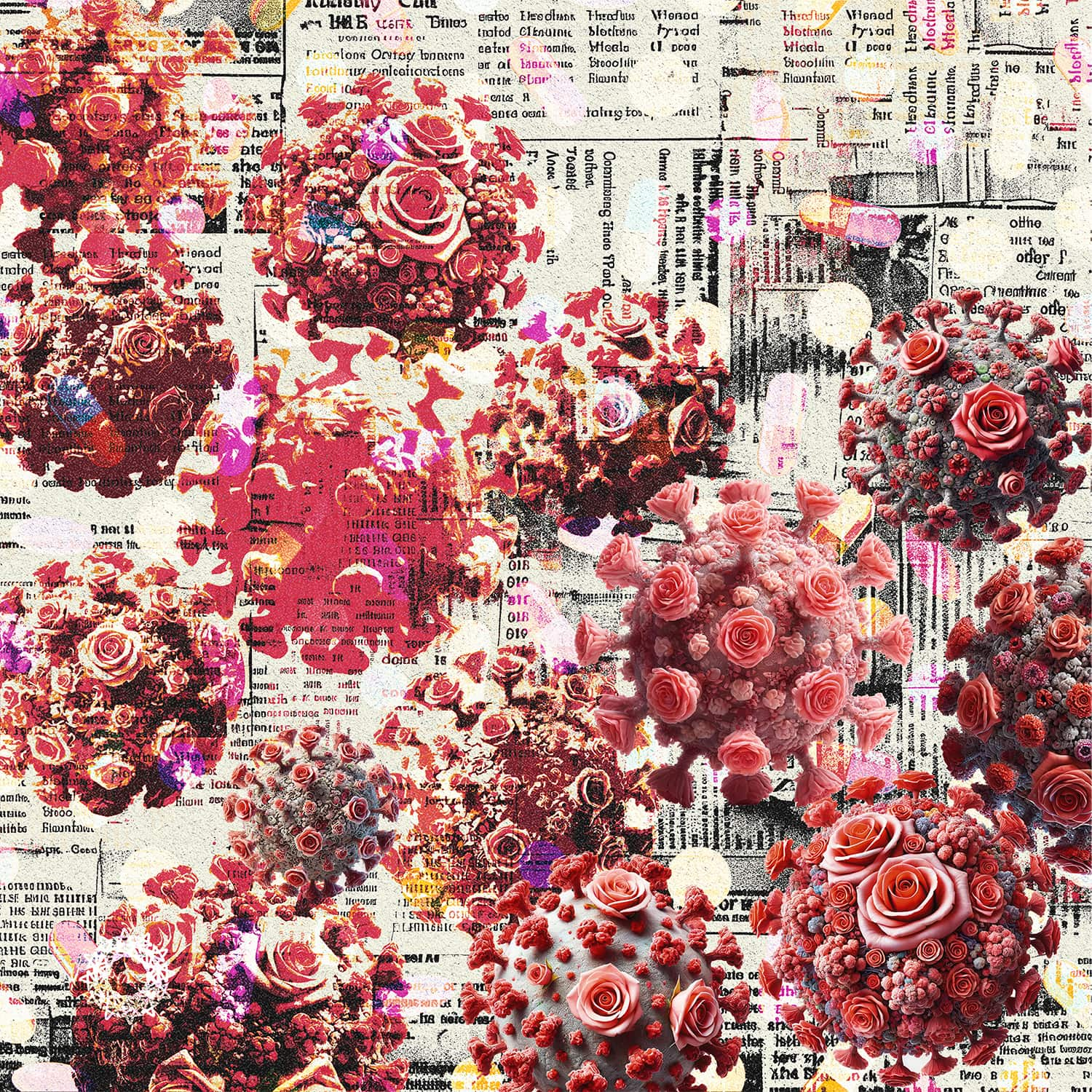 A surreal artwork blending floral and virological themes, featuring pink roses embedded on spherical structures resembling viruses. The background is a collage of abstract patterns, text fragments, and vivid splashes of red, pink, and black, creating a dynamic and thought-provoking composition that contrasts beauty with the concept of illness.