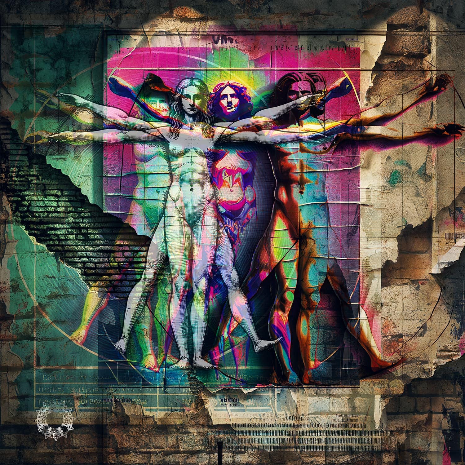 A vibrant reimagining of Da Vinci's Vitruvian Man featuring three overlapping figures in neon hues. The figures represent diverse forms of human anatomy and identity, set against a textured background of crumbling walls, grids, and layered artistic elements. The composition blends classical and contemporary styles, symbolizing evolution and the intersection of art and science.