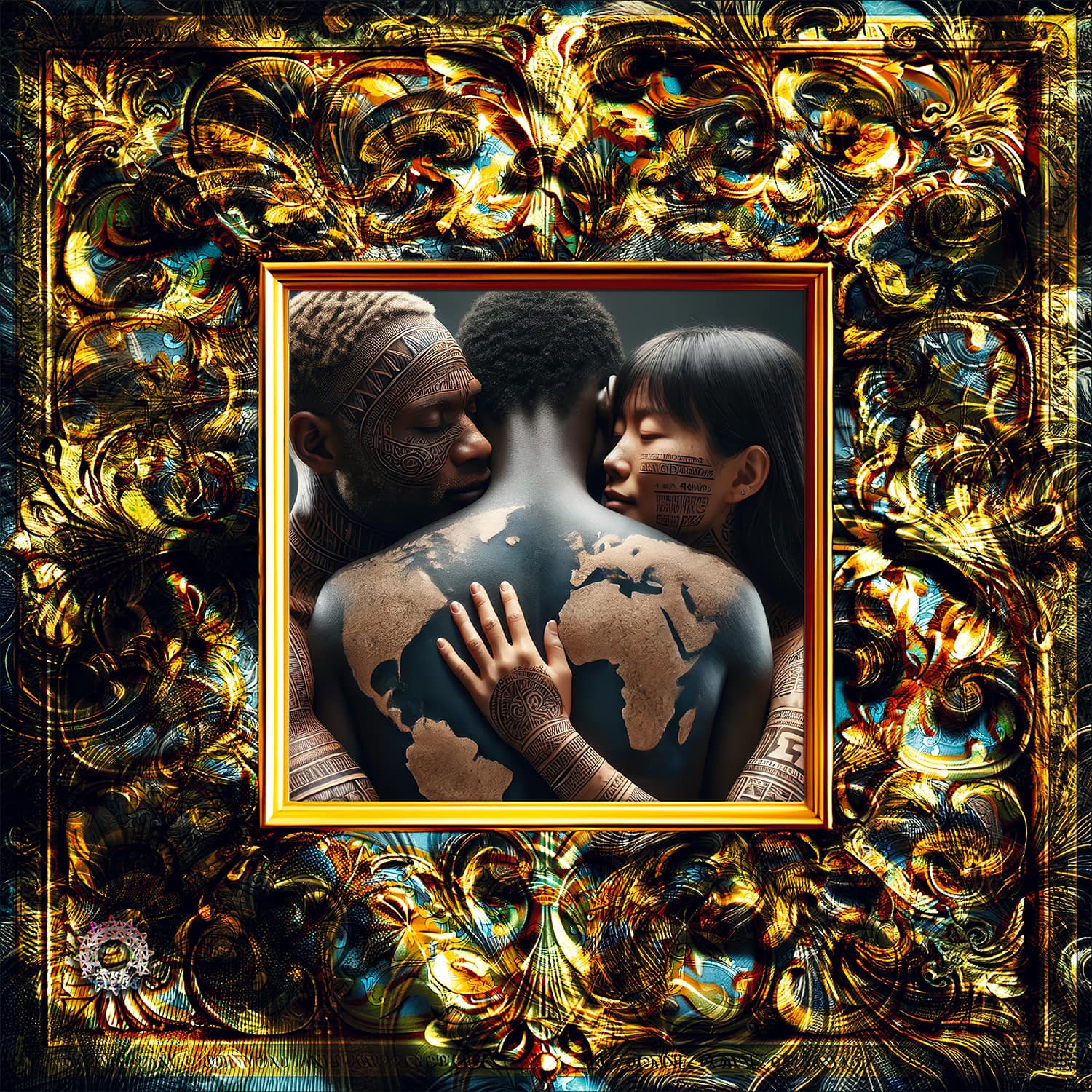 A powerful artwork featuring three individuals embracing, their bodies adorned with intricate tribal patterns. The central figure, with the world map etched onto their back, is flanked by two others, symbolizing unity and cultural interconnectedness. The scene is framed with ornate, golden and colorful swirling patterns, adding depth and vibrancy to the composition.