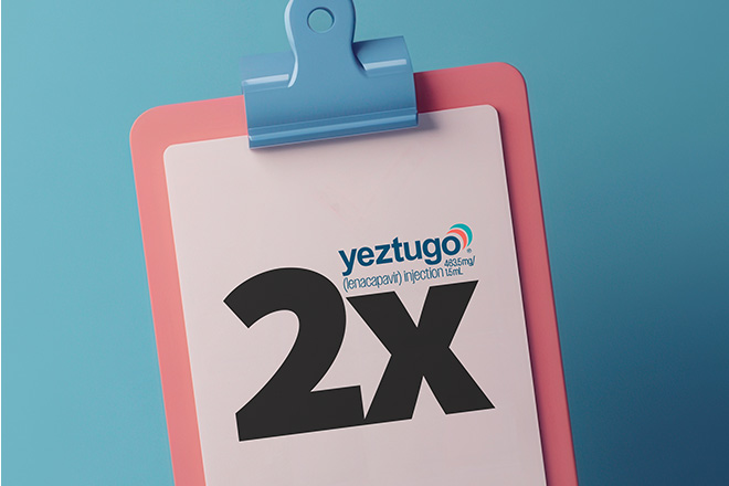 Clipboard showing “2X” and the Yeztugo logo, representing twice-yearly PrEP injections available at Spectrum Medical for simplified HIV prevention.