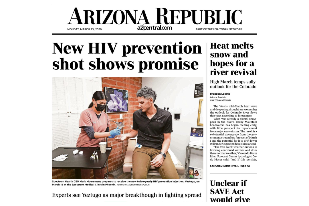 Arizona Republic new article showing a Press Alert for New HIV prevention shows promise. The picture shows Spectrum Medical Care's CEO Mark Moeremans receiving a shot of Yeztugo in their facilities.