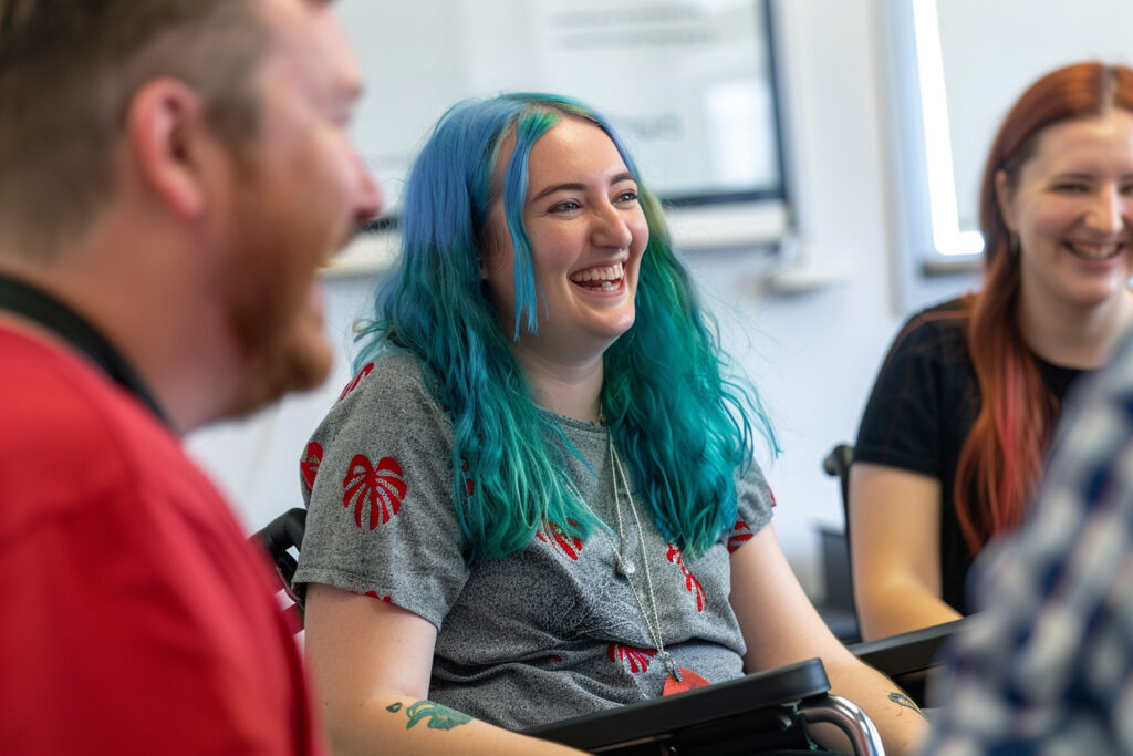woman laughing in classroom