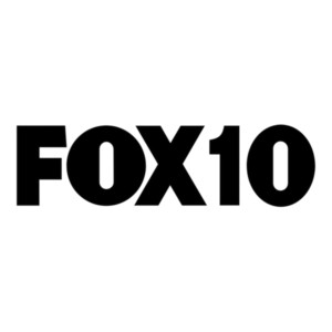 FOX10 logo watermark on a black background, outlined letters barely visible