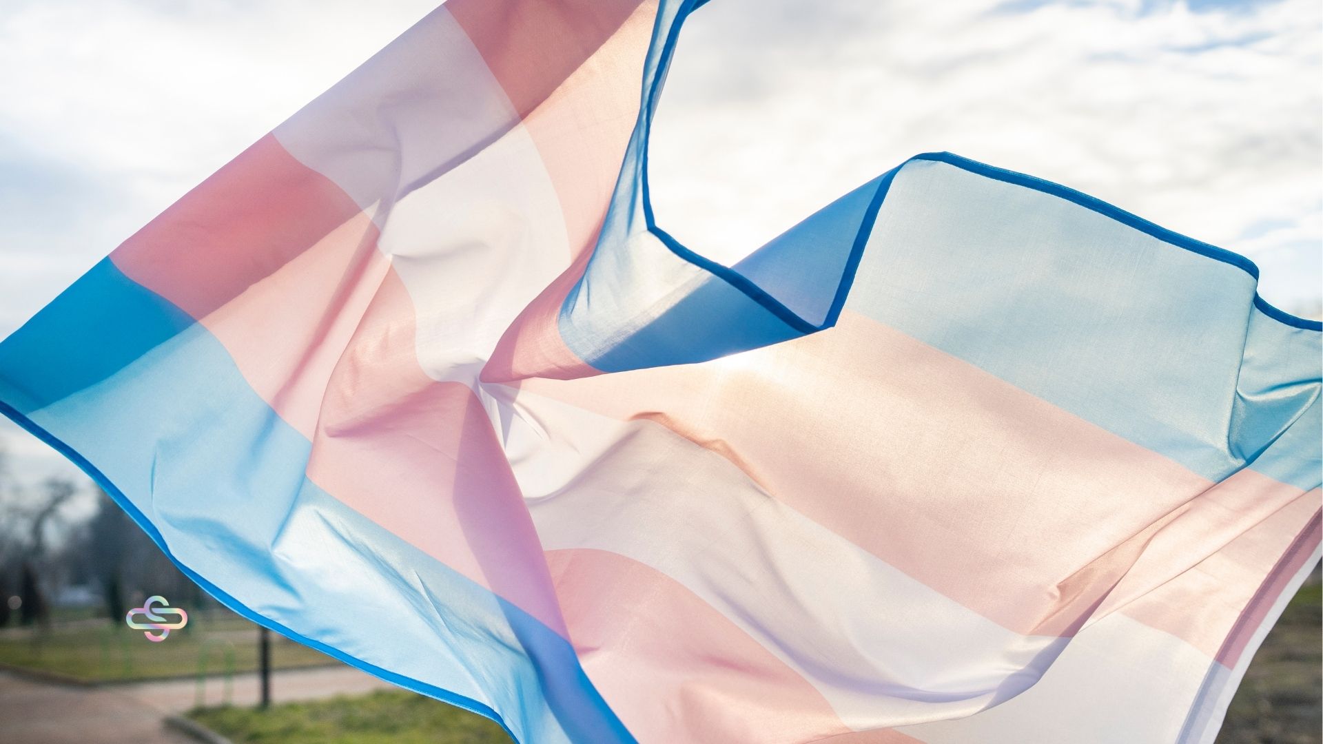 Transgender pride flag waving in the wind outdoors.